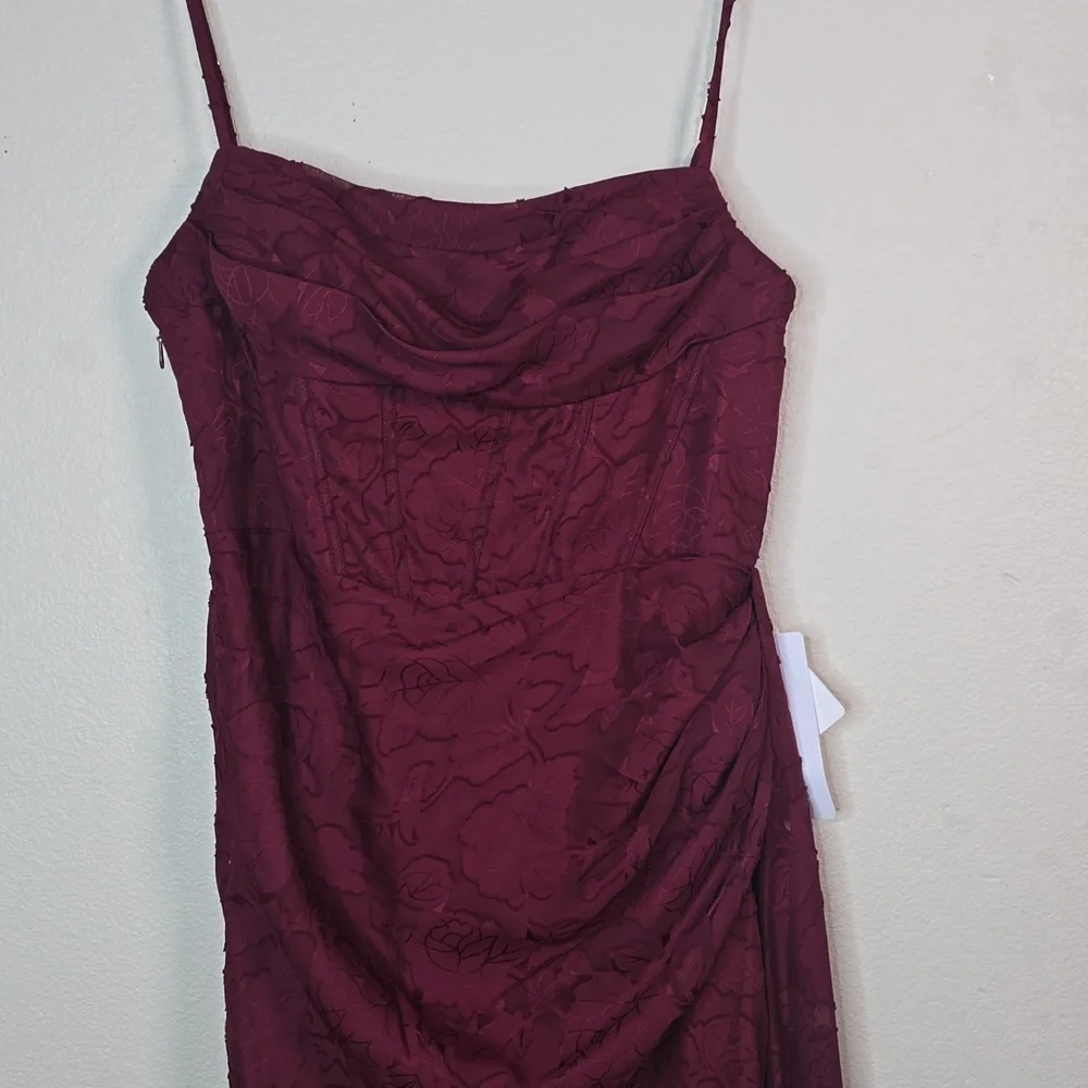 Azazie Denisa Wine Color Floral Burnout Spaguetti Straps Size 14 NwT. - Picture 3 of 16